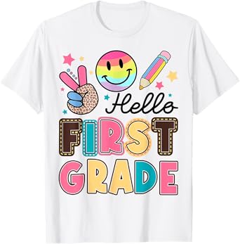 Hello First Grade Smile Face 1st Day Of School Teachers Kids T-Shirt