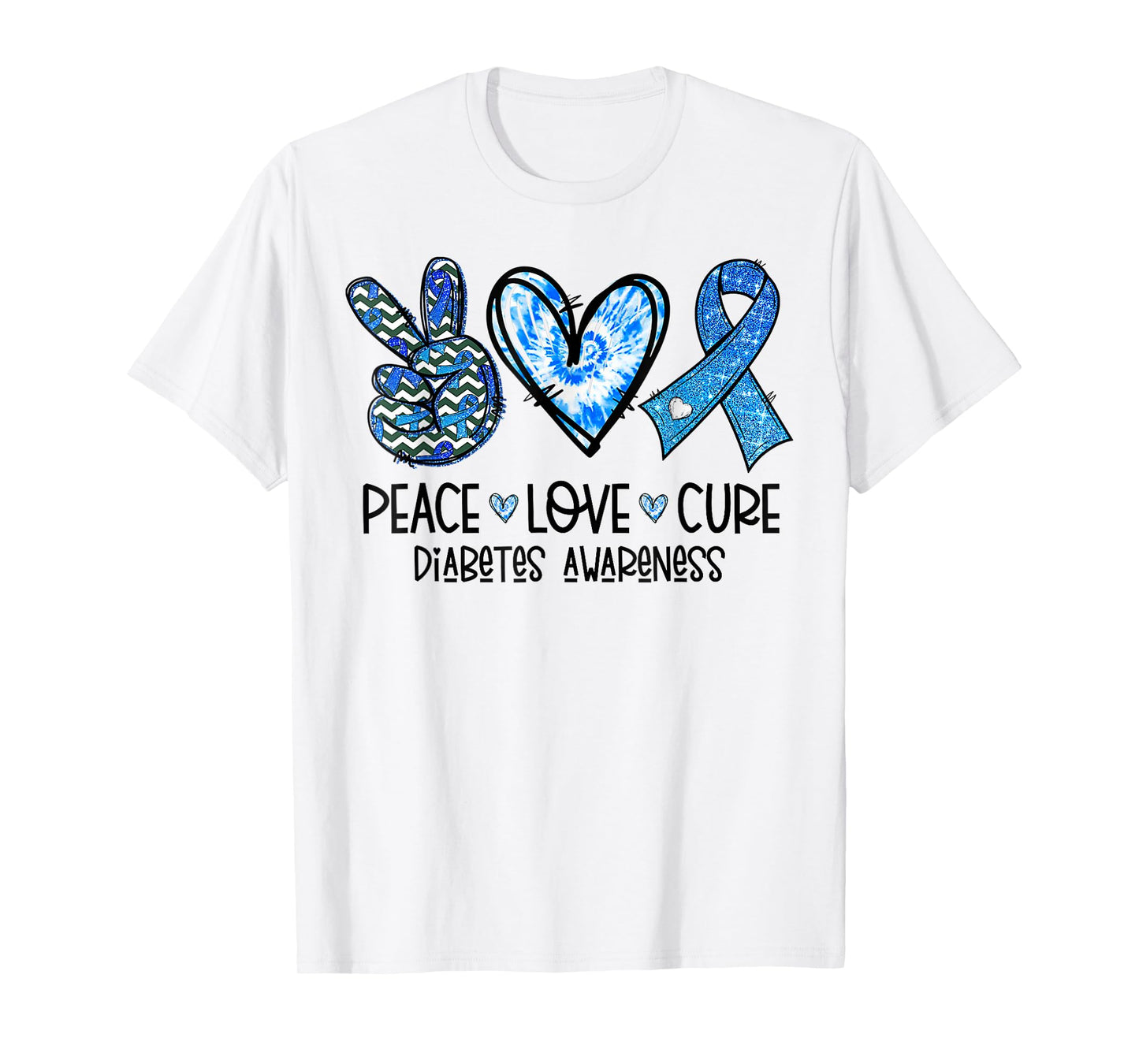 Peace Love Cure Type 1 Diabetes Awareness T1D Blue Ribbon T-Shirt