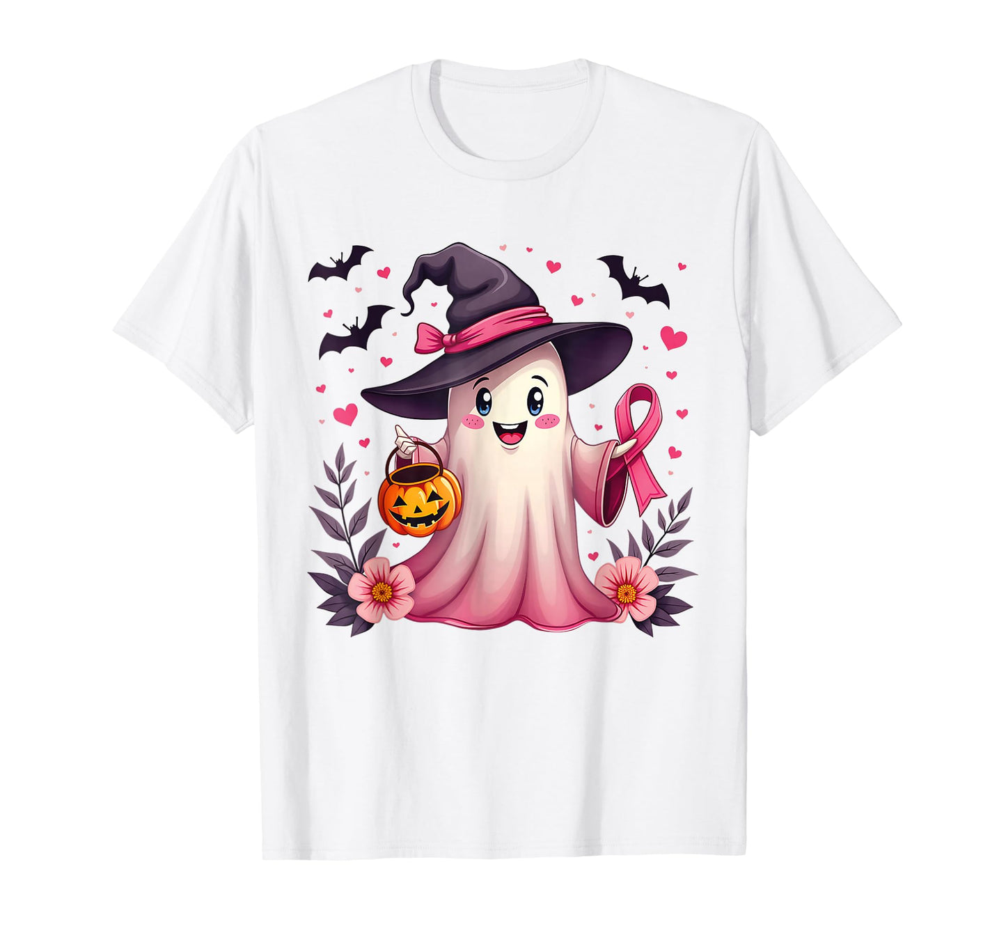 in October We Wear Pink Ghost Witch Breast Cancer Awareness T-Shirt