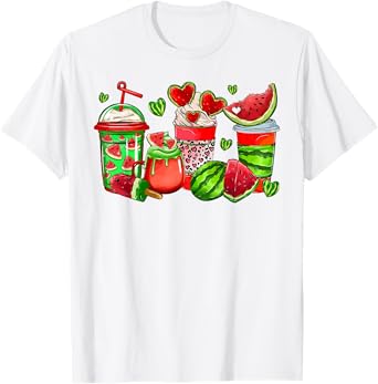 Cute Cups Of Iced Coffee Watermelon Tropical Summer Vacation Men Women Girls Kids T-Shirt