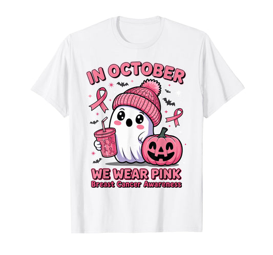 in October We Wear Pink Ghost Halloween Breast Cancer Women T-Shirt