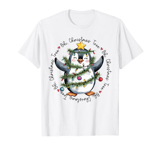 Oh Christmas Tree Xmas Lights Cute Penguin Women Girls T-Shirt