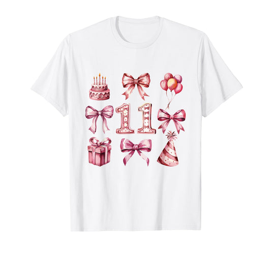 11th Birthday Girl Coquette Pink Bows Eleven Years Old Party T-Shirt
