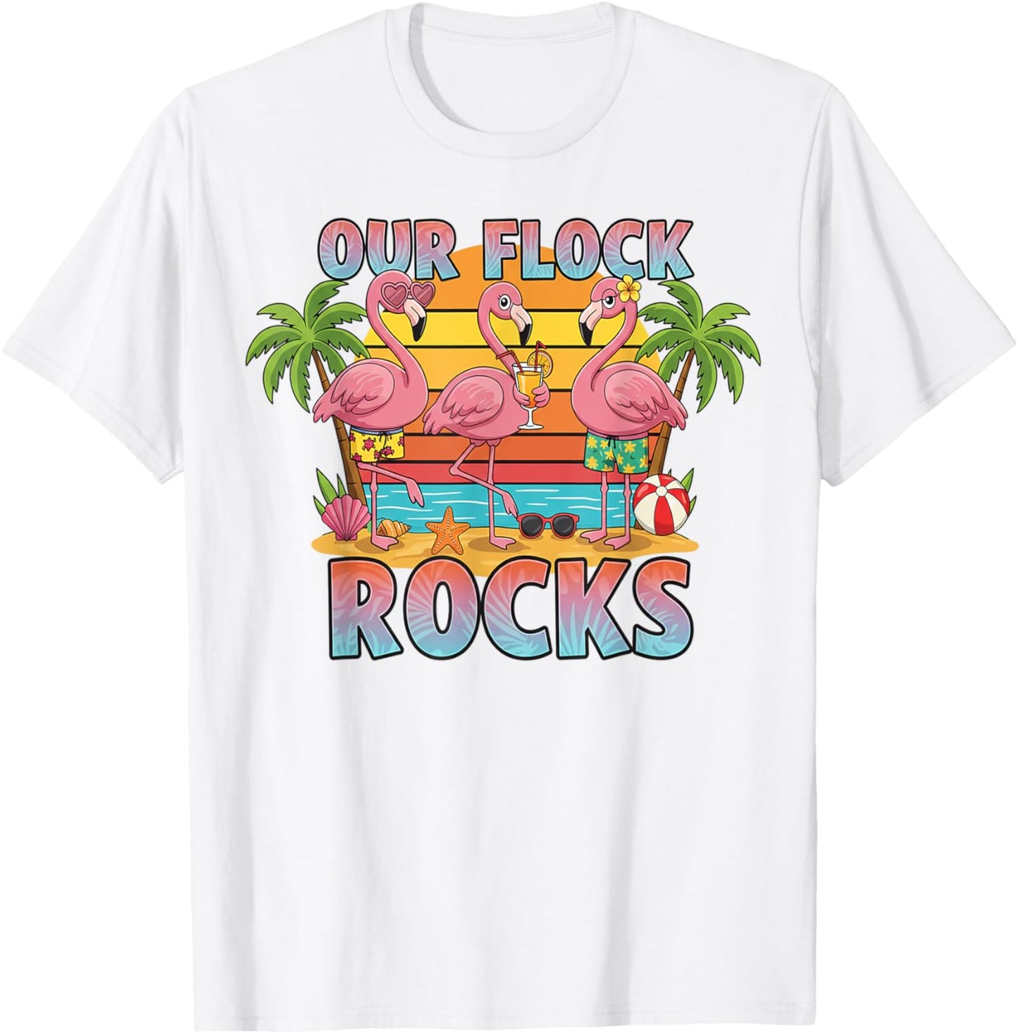 Our Flock Rocks Flamingo Summer Vacation Family Matching T-Shirt