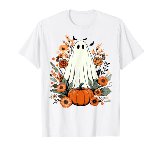 Floral Ghost Pumpkin Cute Fall Funny Spooky Halloween Ghost T-Shirt
