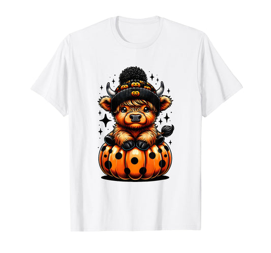 Cute Highland Cow Halloween With Pumpkin Spooky Season Funny T-Shirt
