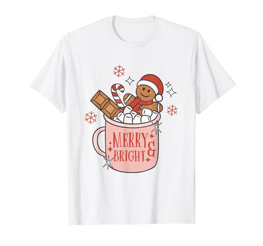 Merry and Bright Gingerbread Hat Santa Hot Cocoa Christmas T-Shirt