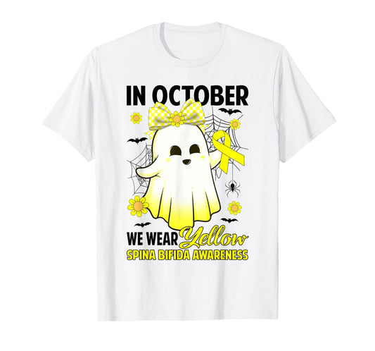 in October We Wear Yellow Spina Bifida Halloween Day Ghost T-Shirt