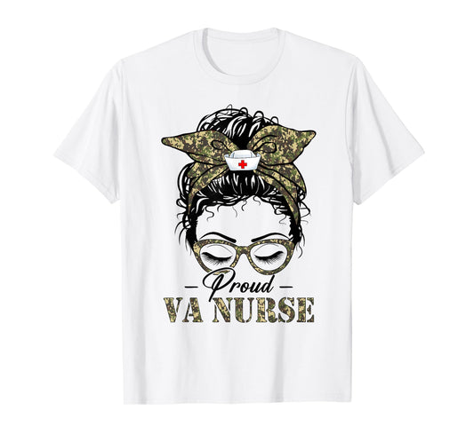 Funny Messy Bun VA Nurse Camouflage Print Army Nurses Women T-Shirt