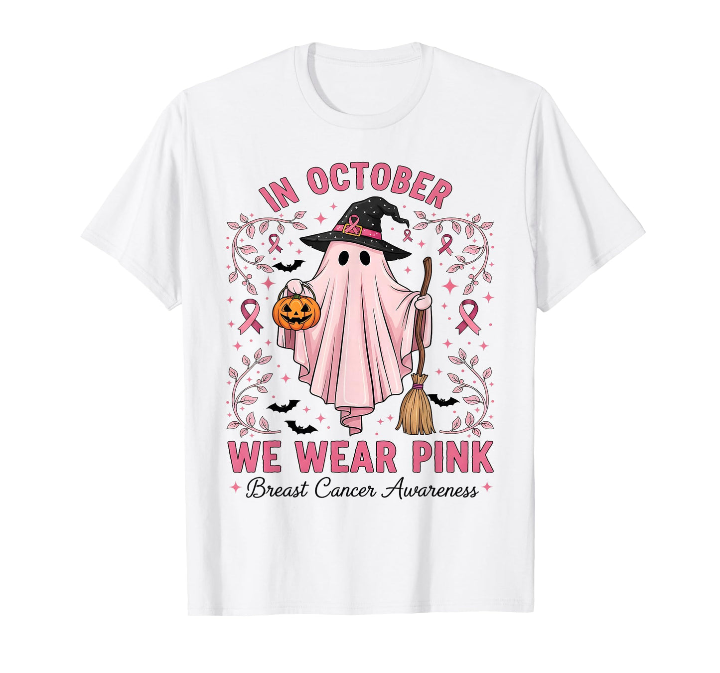 in October We Wear Pink Ghost Witch Breast Cancer Awareness T-Shirt