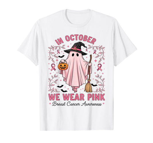 in October We Wear Pink Ghost Witch Breast Cancer Awareness T-Shirt