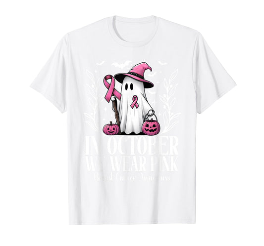 In October We Wear Pink Breast Cancer Ghost Witch Halloween T-Shirt