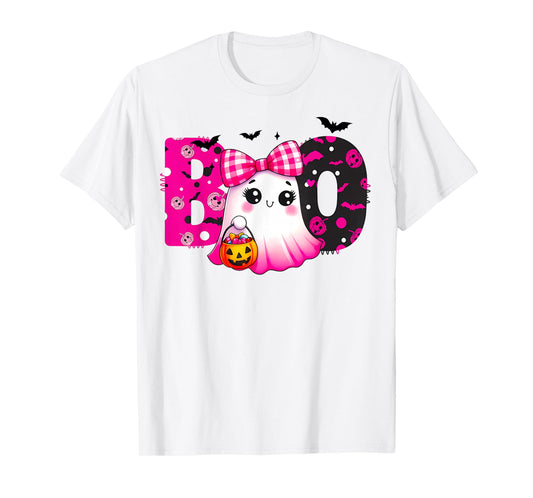 Cute Ghost BOO Pink Bow Kawaii Halloween Kids T-Shirt