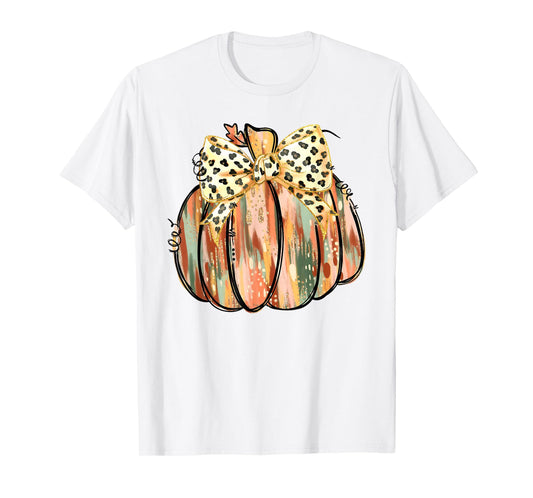 Coquette Bow Pumpkin Season Autumn Fall Leaves Thanksgiving T-Shirt