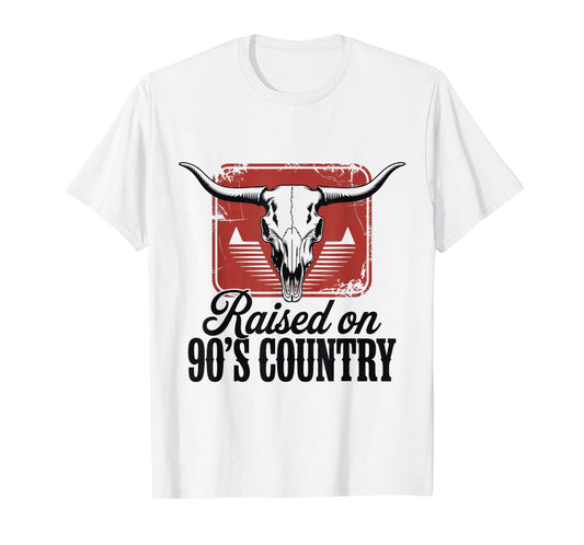 Vintage Western Bull Skull Raised On 90's Country Music T-Shirt