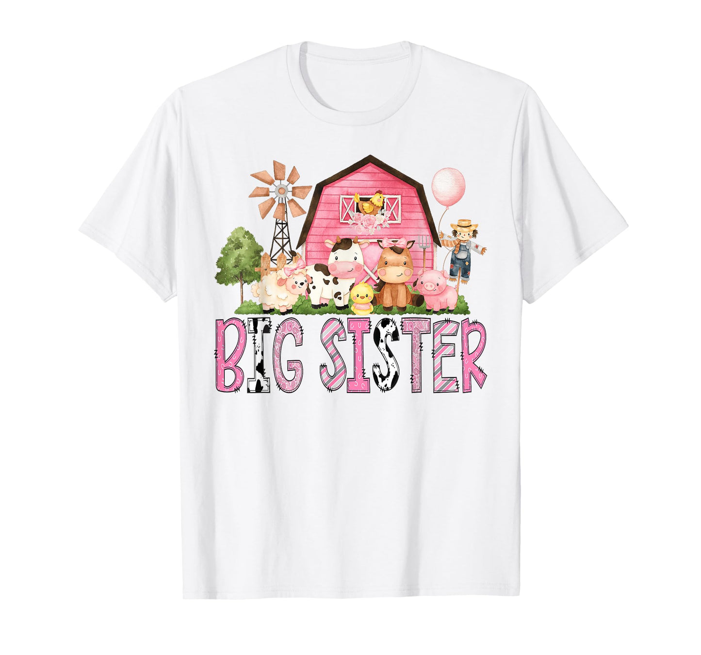 Big Sister Pink Farm Cow Lover Birthday Girl Matching T-Shirt