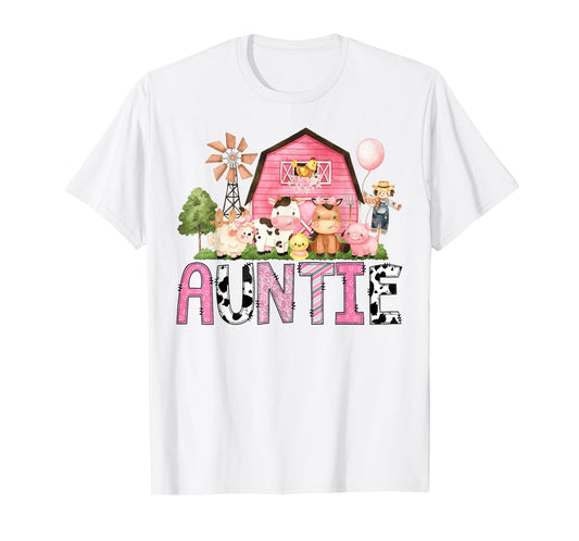 Auntie Pink Farm Cow Lover Birthday Girl Matching T-Shirt