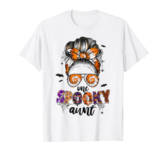 Tie Dye One Spooky Aunt Halloween Monster Messy Bun Aunt T-Shirt