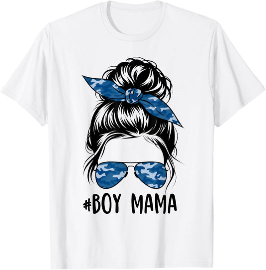 Boy Mom Messy Bun Women Camouflage Mother's Day 2025 Boy Mom T-Shirt
