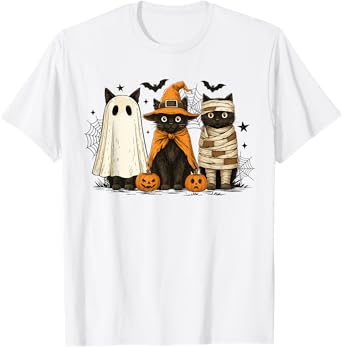 Retro Black Cat Witch Scary Halloween Pumpkin Women Men Kids T-Shirt