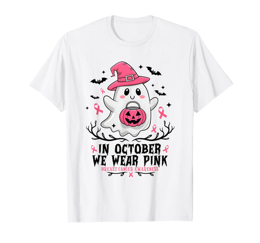 in October We Wear Pink Ghost Witch Breast Cancer Awareness T-Shirt