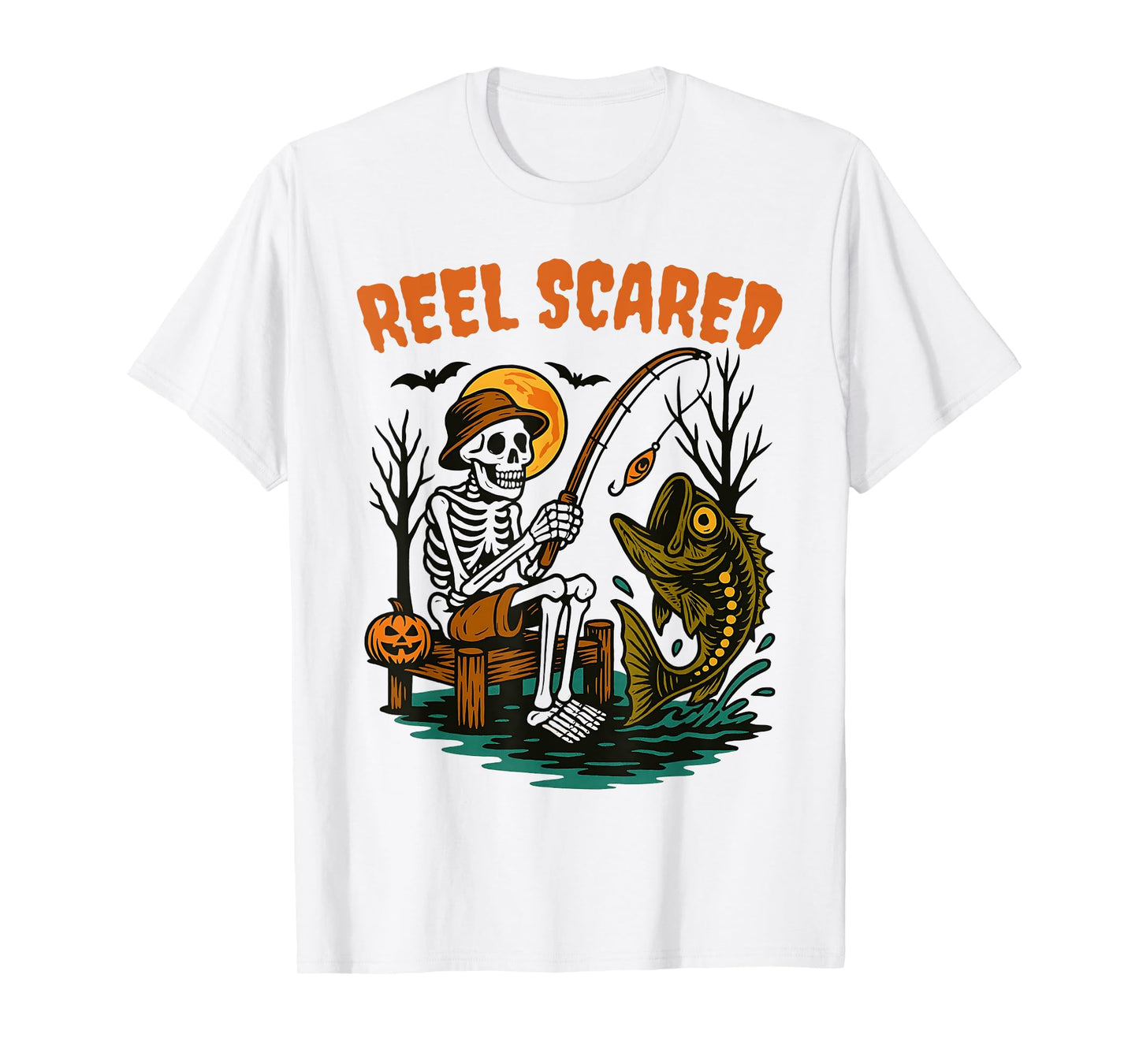 Reel Scared Funny Halloween Fishing Bass Skeleton Fisherman T-Shirt