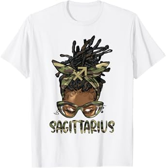 Sagittarius Girl Woman Loc'd Messy Bun Camo Black Women T-Shirt
