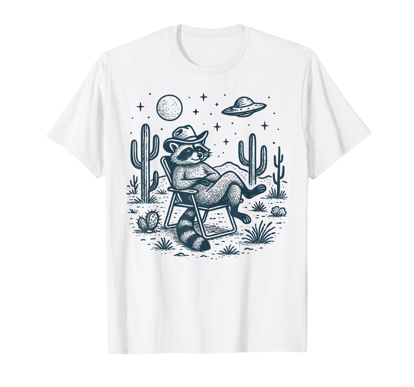 Funny Raccoon UFO Alien Desert Relaxing Cowboy Humor T-Shirt
