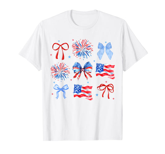 Coquette Bows Red White Blue USA Flag 4th Of July Women Girl T-Shirt