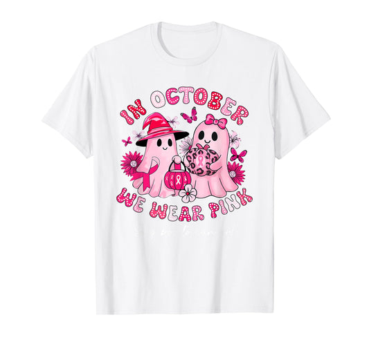 in October We Wear Pink Say Boo to Cancer Halloween Ghost T-Shirt