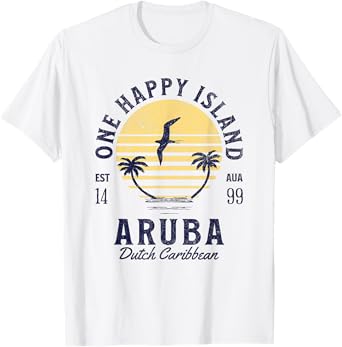 One Happy Island Aruba Shirt Retro Sunset Palm Ocean Vintage T-Shirt