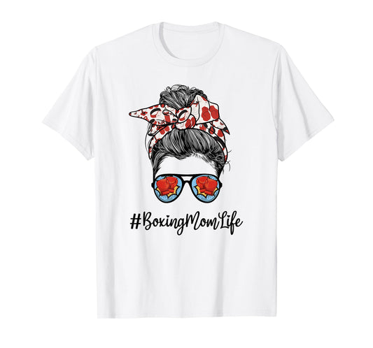 Funny Life Boxing Mom Leopard Messy bun Glasses T-Shirt