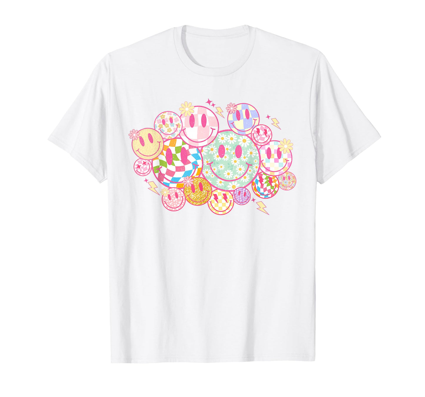 Retro Smile Face Flower Happy Face Checkered Pattern T-Shirt