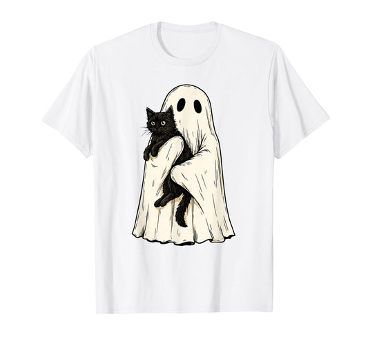 Vintage Halloween Ghost Holding Black Cat Men Women T-Shirt