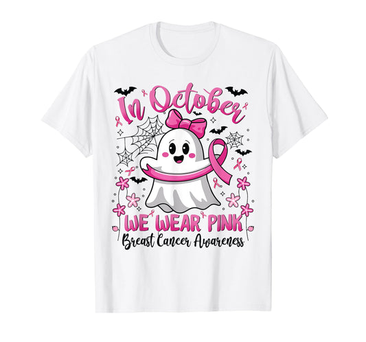 In October We Wear Pink Ghost Witch Breast Cancer Awareness T-Shirt