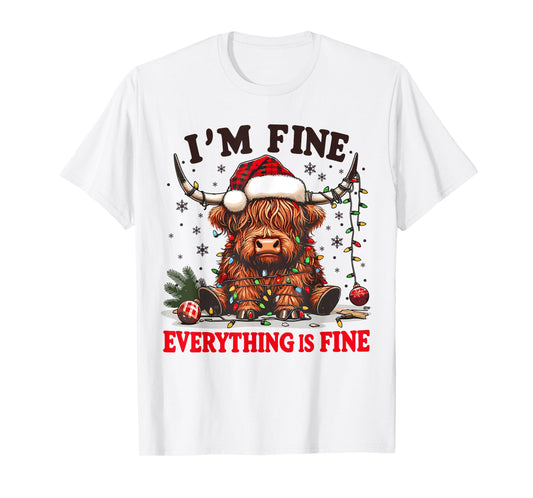 I'm Fine Everything is Fine Funny Christmas Highland Cow T-Shirt