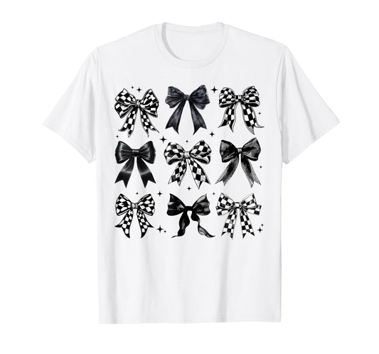 Coquette Bow Checkered Racing Women Girls Racer Family T-Shirt