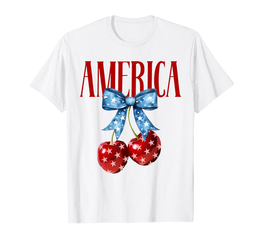 American Coquette Cherry Bow Patriotic USA Flag 4th Of July T-Shirt