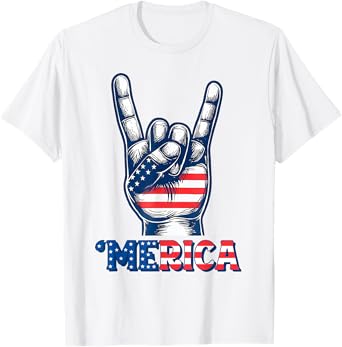 Merica Rock Sign 4th of July Vintage Retro American Flag T-Shirt