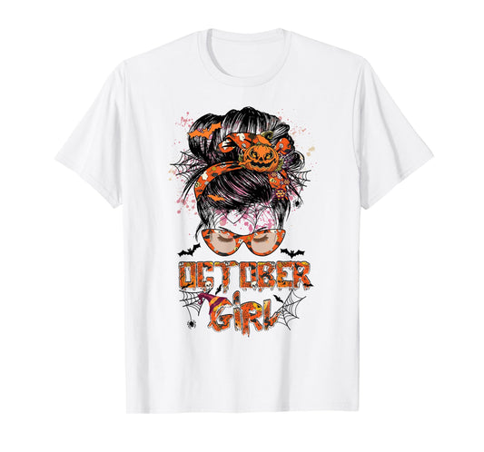 Women October girl Messy bun hair october birthday halloween T-Shirt
