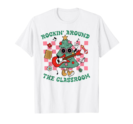 Retro Groovy Teacher Christmas Rockin' Around The Classroom T-Shirt