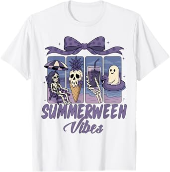 Summerween Vibes Skeleton Ghost Beach Party Halloween Bow T-Shirt