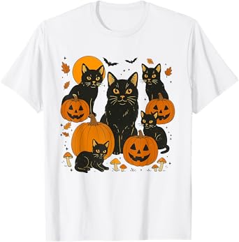 Vintage Black Cat Pumpkin Halloween Cat Women Men Kids T-Shirt