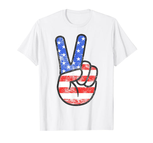 American Flag Peace Sign Hand Shirt USA 4th Fourth of July T-Shirt for Women Girls Kids Men