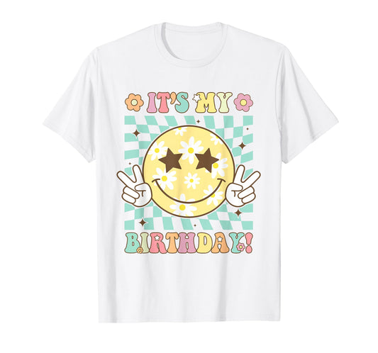 Groovy It's My Birthday Women Teens Girls Retro Smile Face T-Shirt