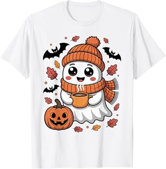 Cute Ghost Drinking Coffee Halloween Ghost Ice Coffee Womens T-Shirt