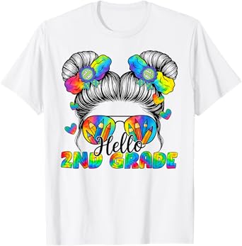 Back To School Tie Dye Hello 2nd Grade Messy Bun Girl T-Shirt