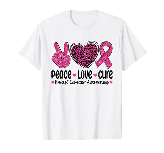 Peace Love Cure Leopard Heart Ribbon Breast Cancer Awareness T-Shirt