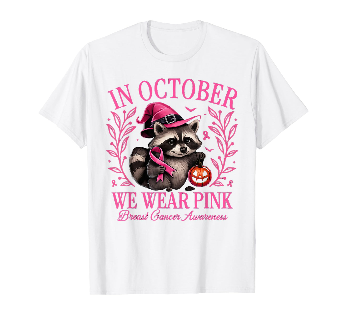 in October We Wear Pink Raccoon Breast Cancer Halloween T-Shirt