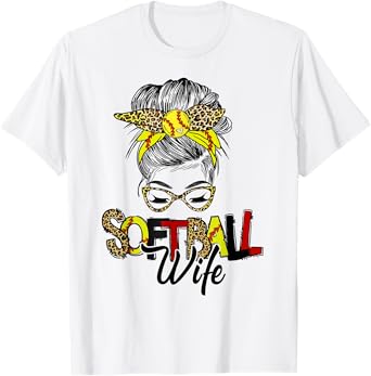 Softball Wife Life With Leopard Messy Bun Mother's Day T-Shirt